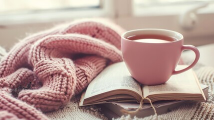 Fototapeta premium A cup of tea and a book on a knit blanket.