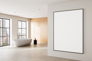 Spacious bathroom with a blank framed canvas on a wall, featuring a bathtub and large windows. Minimalist interior design. 3D Rendering