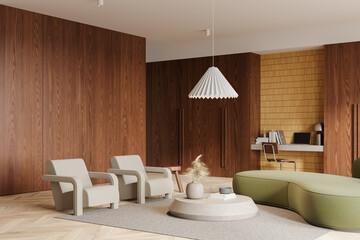 Wooden home interior with workplace and laptop, sofa and armchairs