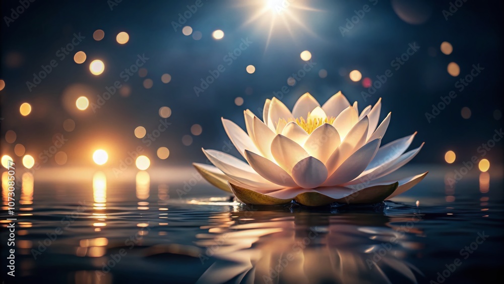 Poster illuminated lotus flower with soft glow on dark surface, creating a tranquil atmosphere perfect for 