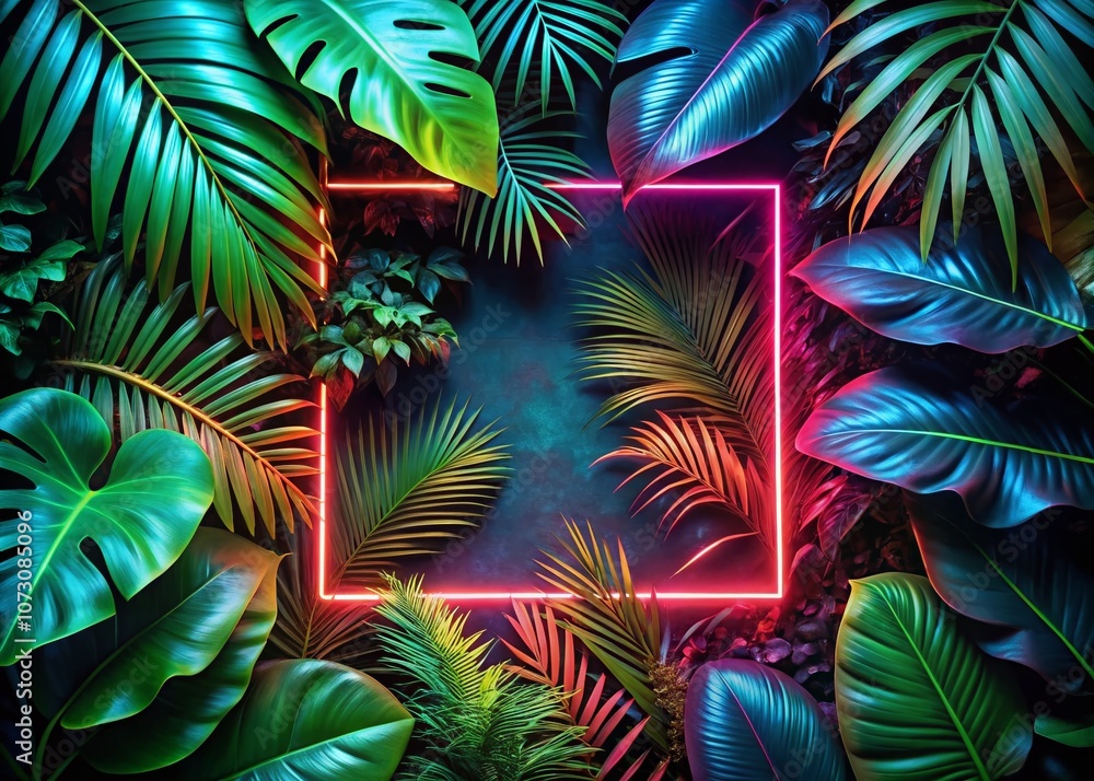 Poster illuminated neon frame surrounded by lush tropical leaves creating a striking contrast with deep sha