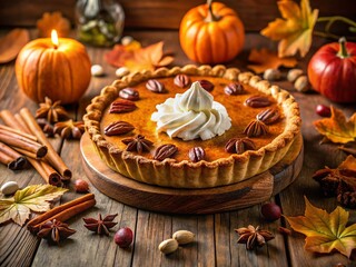 Fototapeta premium Indulge in a Delicious Pecan Pumpkin Pie with Whipped Cream for an Unforgettable Thanksgiving Dessert Experience, Perfect for Fall Gatherings and Sweet Celebrations