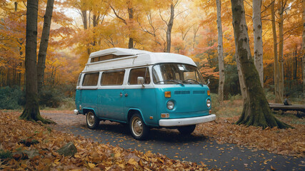 Fototapeta premium A vintage blue and white camper van parked on a forest path in autumn, surrounded by tall trees with golden and orange leaves, creating a serene and nostalgic autumn scene