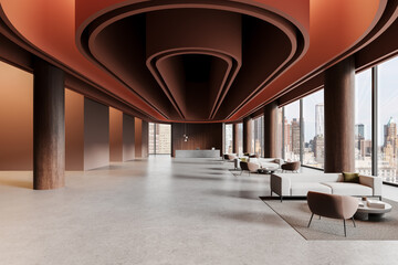 Modern Hotel Lobby Interior with City View. 3D Rendering