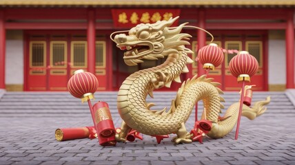 Fototapeta premium Red Theme Traditional Chinese New Year Background with Festive Elements Celebration 