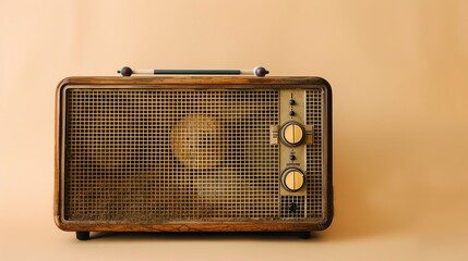 A vintage wooden radio with an antenna on a tan background.