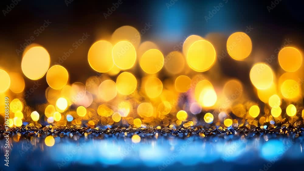 Poster vivid blue and gold bokeh lights twinkle and reflect on a textured surface, creating a mesmerizing, 