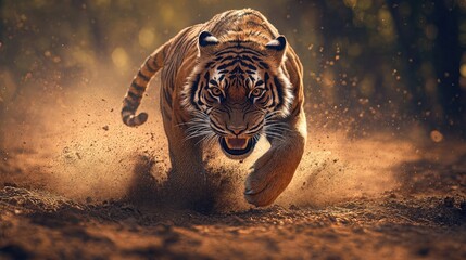 A fierce Bengal tiger charges through dusty terrain, kicking up dirt and debris in dramatic lighting, showcasing raw power and aggression with bared teeth and intense eyes