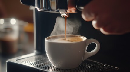 Fototapeta premium Freshly brewed espresso pouring into a white cup, with steam rising, capturing the aroma and warmth of coffee.