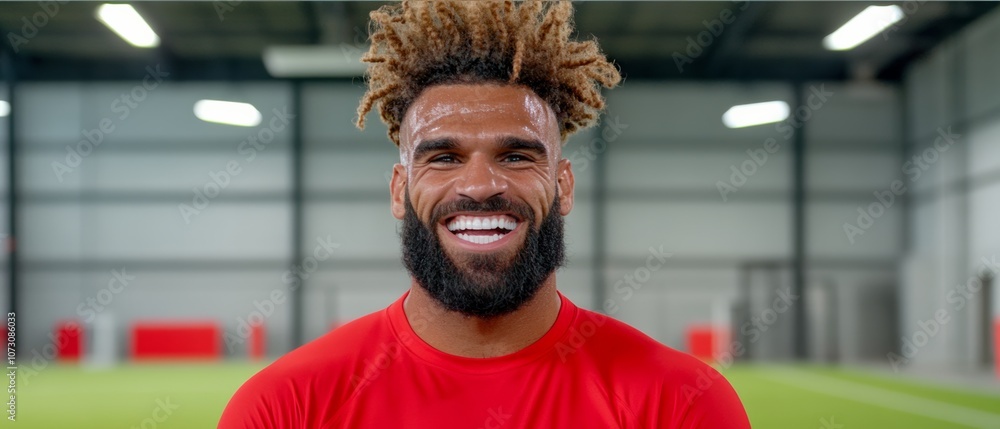 Aufkleber man with a beard and dreadlocks is smiling in a red shirt. he is in a gymnasium