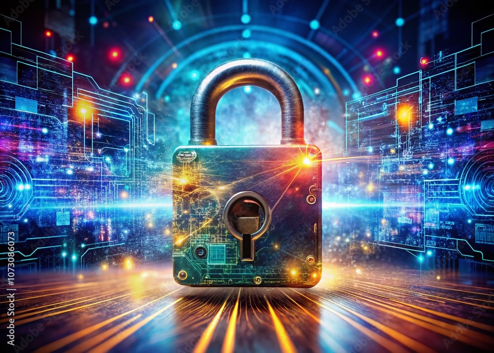 Poster intricate double exposure photography illustrating a cybersecurity concept featuring a lock and key 