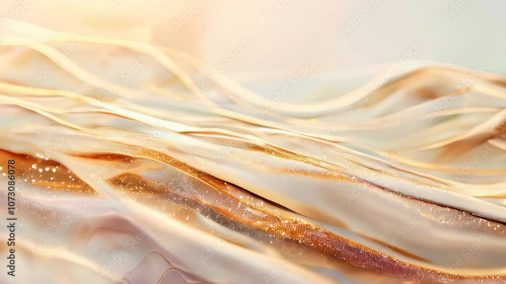 Poster soft, flowing waves of gold and translucent fabric ripple with shimmering accents, creating a luxuri