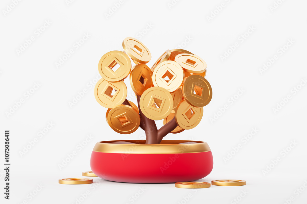 Poster 3d rendering of a golden coin tree in a red pot on a white background, symbolizing prosperity and we