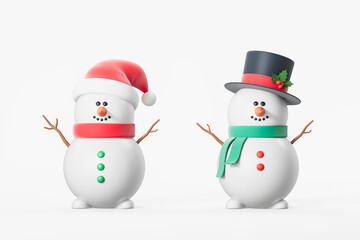 Two snowmen on empty white background, in santa and cylinder hat
