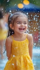 Fototapeta premium Joyful child in yellow dress splashes water at amusement park with family during summer fun