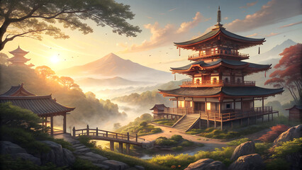 Obraz premium Beautiful Japanese landscape at sunrise.