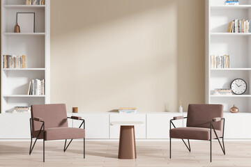 Elegant living room interior with two brown armchairs, a small table, and bookshelves. Beige wall background. Concept of modern design. 3D Rendering