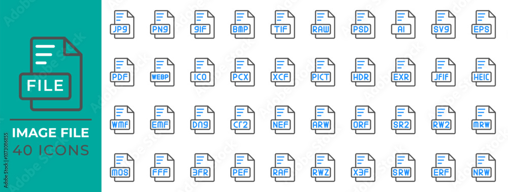 Poster set of document format icons for various file types, extension, archive, attach and folders.
