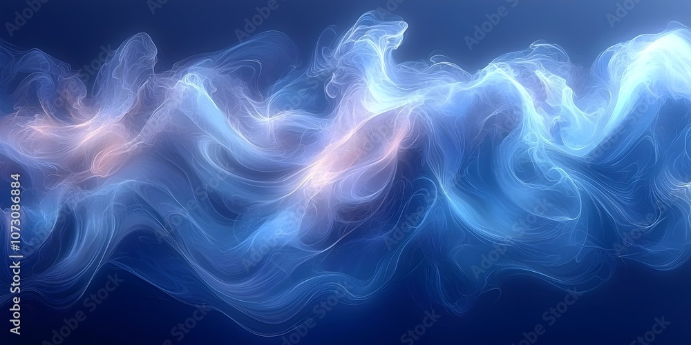 Poster abstract blue and white flowing patterns create a serene, ethereal atmosphere, evoking feelings of t