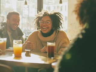 Diverse group of friends enjoying drinks in a bright, inviting caf ambiance on a sunny day