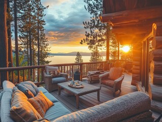 Cozy log cabin deck with sofas and breakfast table overlooking lake tahoe at sunset amidst pines