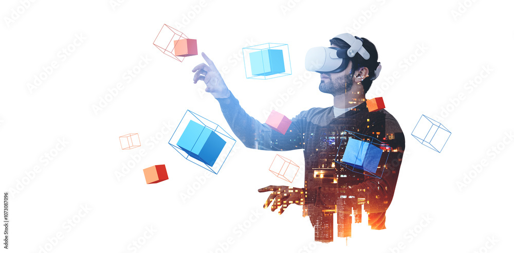 Poster man using virtual reality headset with digital elements.
