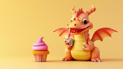 Fototapeta premium A cute cartoon dragon with a cupcake and a candle.