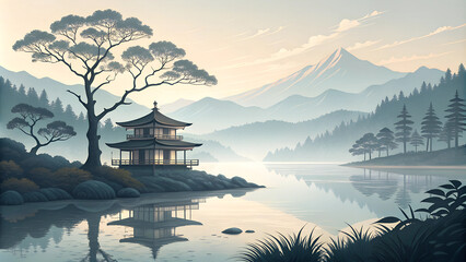 Beautiful minimalist Japanese-style landscape with a lake in the highlands.