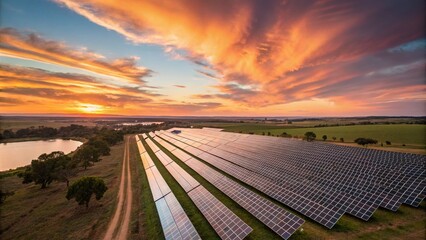 Fototapeta premium Long Exposure of a Solar Panel Farm at Sunset in South Australia, Capturing the Beauty of Renewable Energy and the Vibrant Colors of the Sky