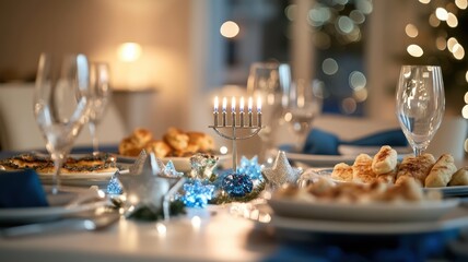 Elegant Hanukkah table with menorah, latkes, and candles, creating a cheerful holiday ambiance. Hanukkah