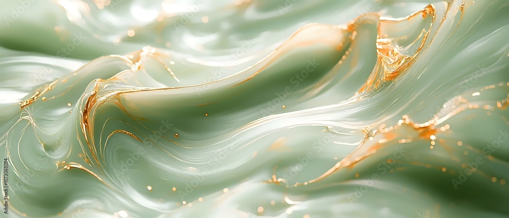 Poster a close-up of flowing green and gold abstract liquid, creating a mesmerizing visual display of shimm