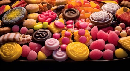delicious sweets on abstract background, colored chocolates and sweets on the table, colorful sweets wallpaper, sweets banner