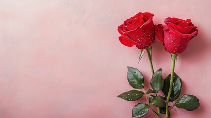 Romantic Red Roses with Dew on Pink Background