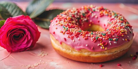 A single pink glazed donut with sprinkles sits on a pink surface next to a pink rose with green leaves.