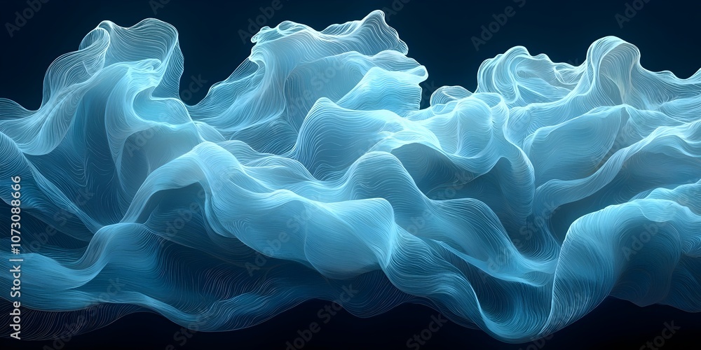 Poster a mesmerizing abstract representation of flowing waves in soft blue hues, creating a sense of depth 