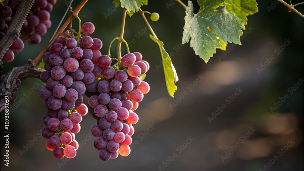 Poster lush red wine grapes on vine against a dark blurred background with ample copy space for text or bra