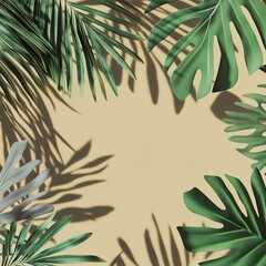 Creative layout made of tropical leaves on beige background. Flat lay, top view minimal summer concept.