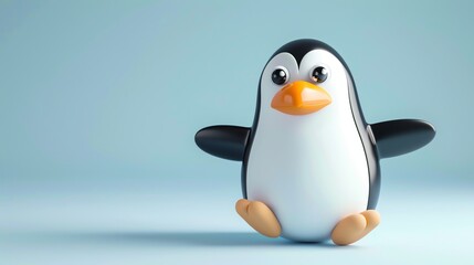 Fototapeta premium A cute cartoon penguin with big eyes sitting on a light blue background.