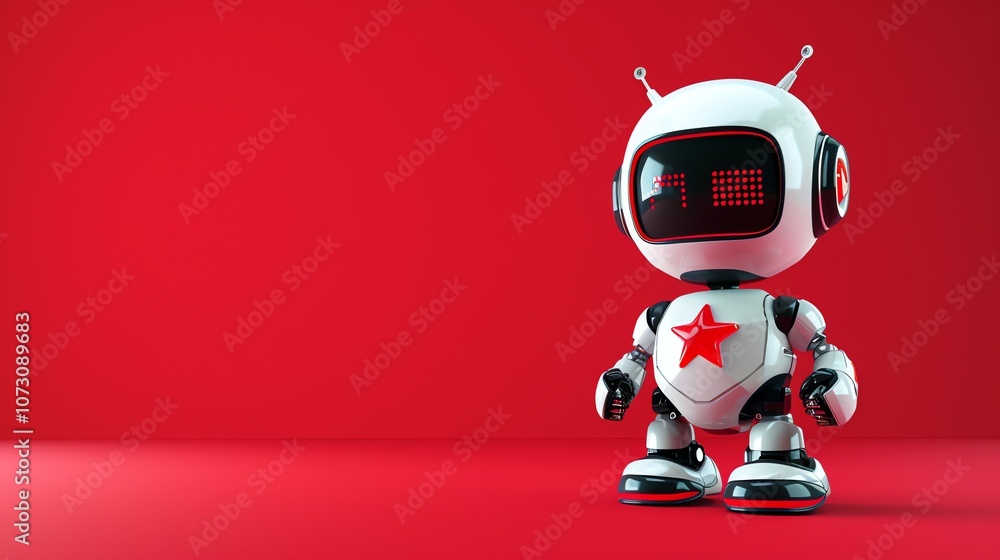 Poster a small robot with a red star on its chest stands in front of a red background.