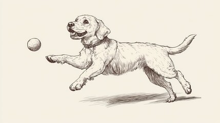 A hand-drawn illustration of a Labrador Retriever dog running and jumping to catch a ball.
