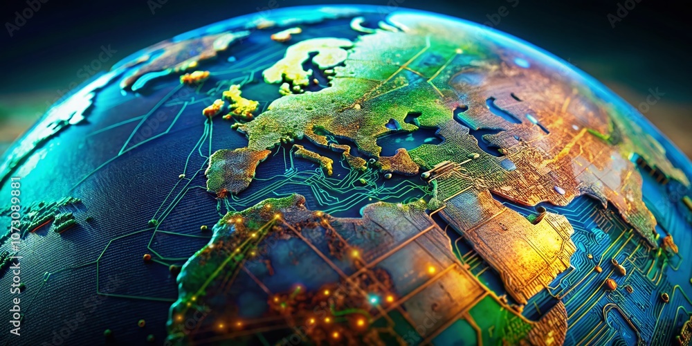 Poster macro photography of earth globe showcasing continents with intricate technological elements and com