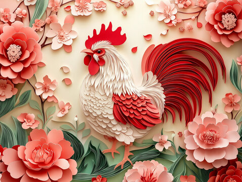 Year of Rooster in the Chinese Lunar Calendar in red and pink auspicious colours for lunar new year designs and posters