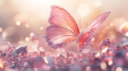 Fototapeta premium A delicate pink butterfly with sparkling wings flies over a bed of glistening pink crystals. The soft, warm light creates a magical and ethereal atmosphere