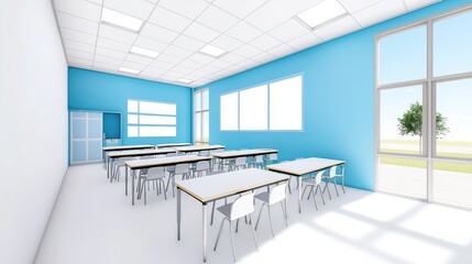 Modern classroom interior with blue walls, ample natural light, and furnished with tables and chairs.