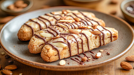 Almond biscotti with chocolate drizzle on ceramic plate depicting dessert elegance