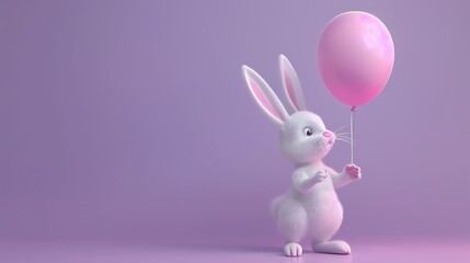 Fototapeta premium A cute white cartoon bunny holds a pink balloon on a purple background.
