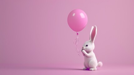 Obraz premium A 3D rendering of a cute white rabbit holding a pink balloon on a pink background.
