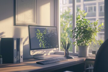 Fototapeta premium Elegant and Productive Home Office Setup with Laptop and Lush Plants