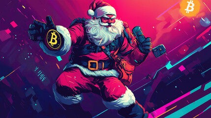 Superhero Santa Claus Holding Bitcoin in Dynamic Pose