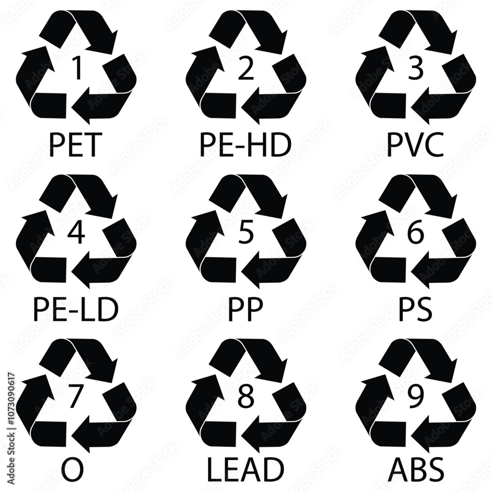 Poster numbers set of recycling symbol. the number in the triangle indicates the type of plastic. 1to9 numb